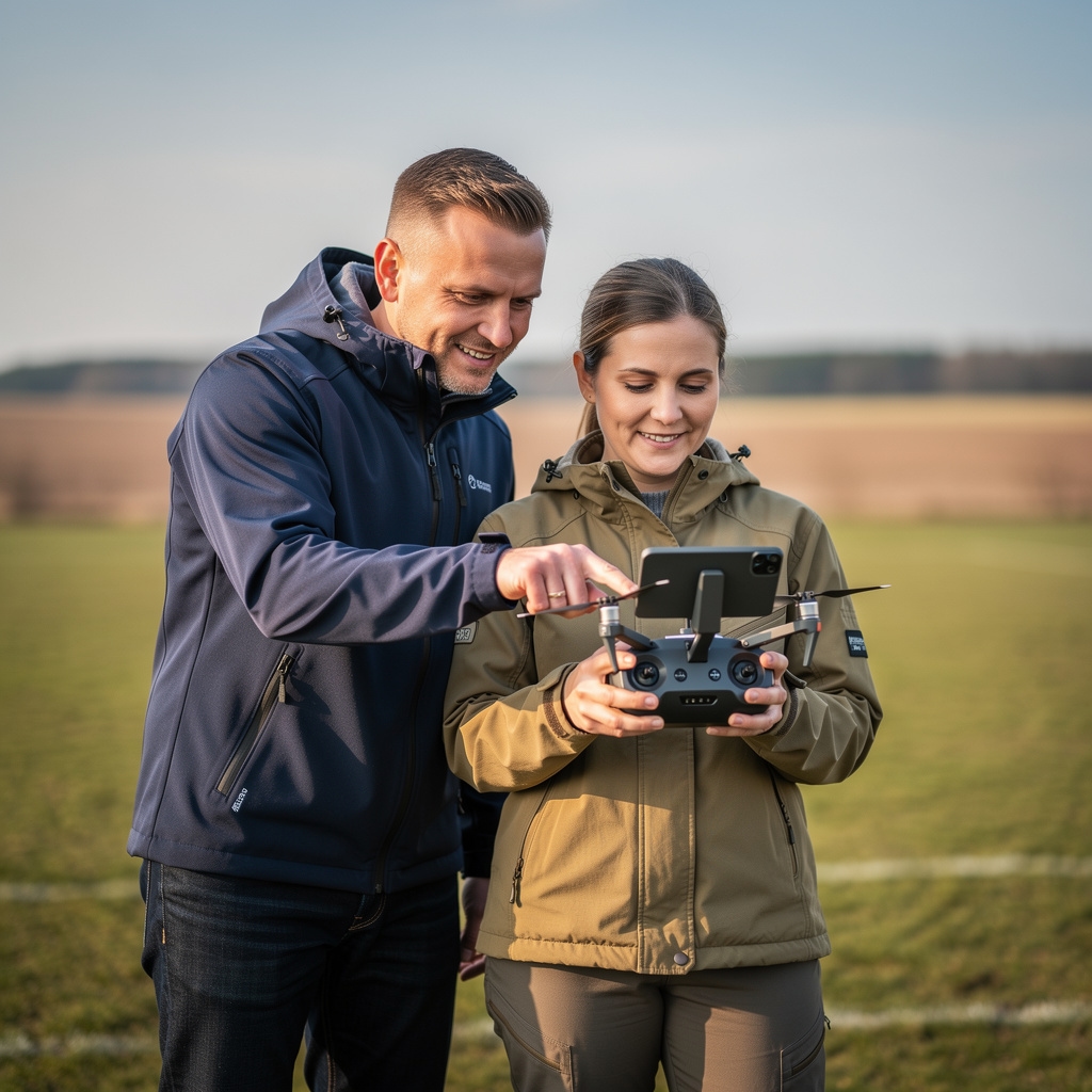 Instruktor stojący obok uczestnika podczas pierwszego lotu dronem