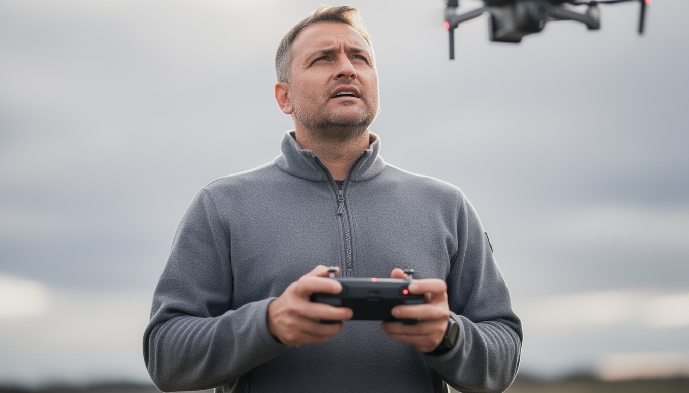 Uczestnik warsztatu ćwiczy lot manualny dronem na otwartym polu