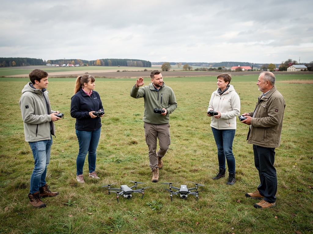 Mała grupa uczestników podczas warsztatu dronów na otwartym terenie